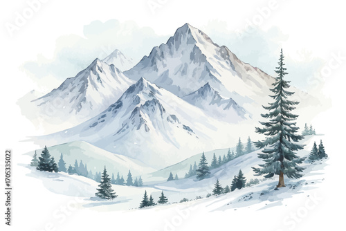 Watercolor snow covered mountains vector illustration isolated on white background