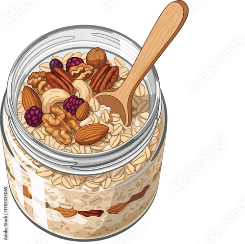 Gourmet Overnight Oats with Mixed Nuts Illustration Vector