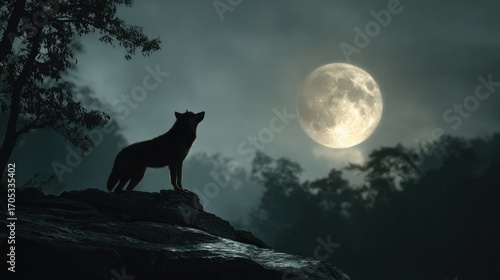 A lone wolf stands on a rocky outcrop, howling toward a bright full moon in a dark jungle. Shadows loom as the forest is enveloped in eerie silence at nighttime