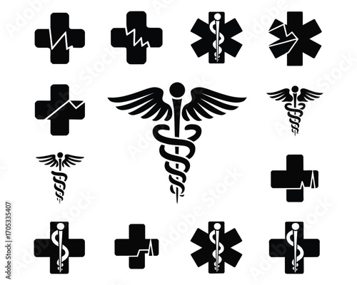 A comprehensive collection of black medical symbols, including the caduceus, medical cross, and emergency star icons for healthcare concepts