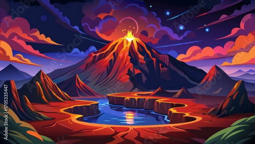 Mount Nyiragongo in the Democratic Republic of Congo reveals its fiery crater lake glowing under a starlit sky, rugged volcanic slopes surrounding one of Earth’s most dramatic natural spectacles.
