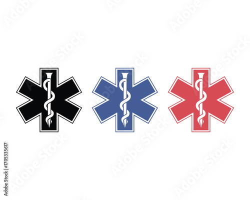 Set of three colorful emergency medical symbols with the Rod of Asclepius, isolated on a white background for healthcare and first aid concepts