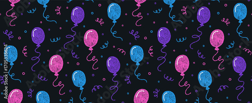 Background with crayon balloons and confetti for birthday party. Seamless pattern with doodle flying balloons with color chalk texture on black bg. Holiday pattern on blackboard, vector illustration