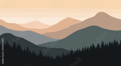 Serene mountain landscape at dusk with layered peaks and a dark forest.