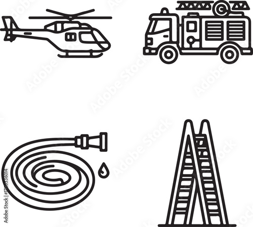 Line Art Icons: Firefighting and Emergency Services Equipment Set with Helicopter, Fire Truck, Hose, and Ladder