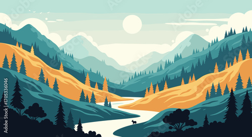 Pixel art landscape with rolling hills and a winding river under a bright sun.