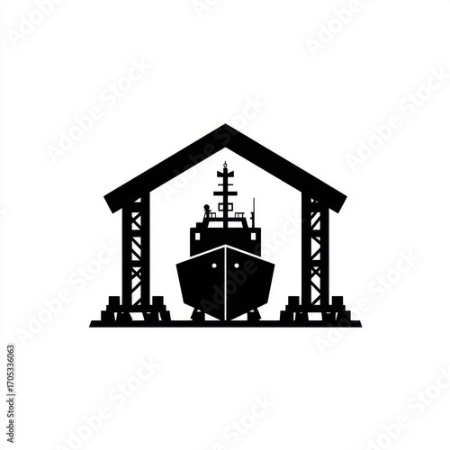 This design features a shipyard hangar with a large boat positioned inside, suggesting preparation for repair or construction activities. The flat style emphasizes simplicity and clarity