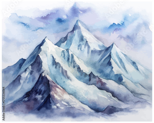 Watercolor snow covered mountains vector illustration 
