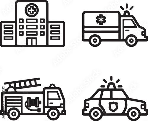 Set of Emergency and Public Service Icons: Hospital, Ambulance, Fire Truck, Police Car