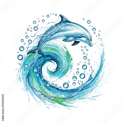 Vibrant watercolor dolphin leaping through swirling water ripples vector illustration vector
