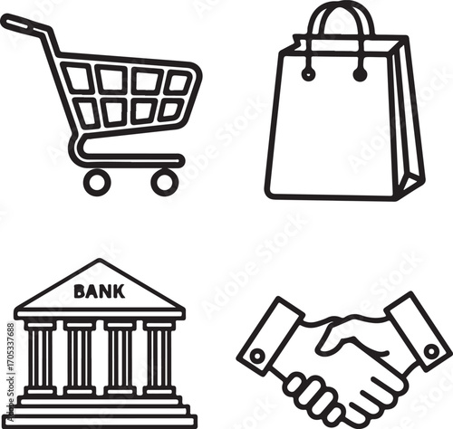 Commerce and Finance Line Art Icon Set with Shopping Cart, Bag, Bank, and Handshake