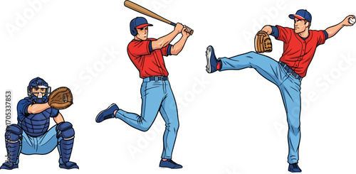 Three baseball players are shown in action as a catcher, batter, and pitcher in bright red and blue athletic uniforms on a clean white background ideal for sports or athletic themed designs.