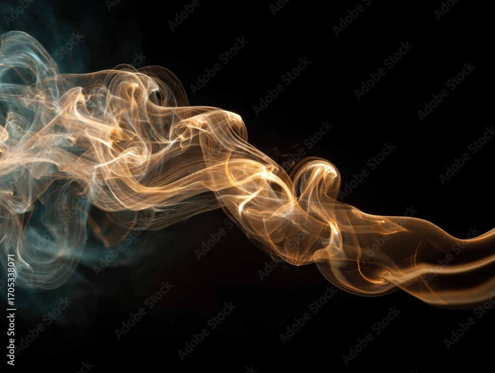 Fototapeta premium Delicate swirls of smoke ascend against a dark backdrop, exhibiting chaos and fluid movement. The soft blend of colors creates an enchanting atmosphere, evoking a sense of mystery and artistry