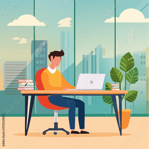 Work in office and home on computer and laptop. Vector minimalistic modern abstract illustration