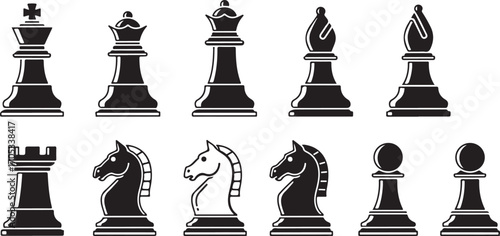 Vector Icon Set of Classic Black and White Chess Pieces