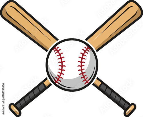 Baseball with crossed bats is isolated on white, featuring a stylized cartoon look with clear lines and soft shading, useful for sports-themed designs and advertising.