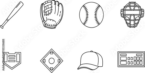 Black outline baseball equipment including a bat, glove, ball, helmet, base, and cap, are aligned against a clean white background, ideal for sports-related graphic design and visual communication.