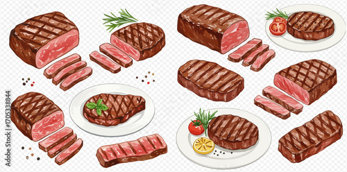 Illustration of various grilled steak cuts, some sliced, served on plates with garnish.