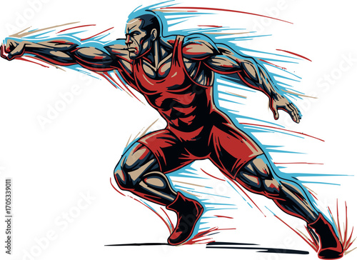 Muscular man wearing a red leotard running with blue and red energy trails emanating from his body conveys power and determination, suitable for sports and fitness marketing.