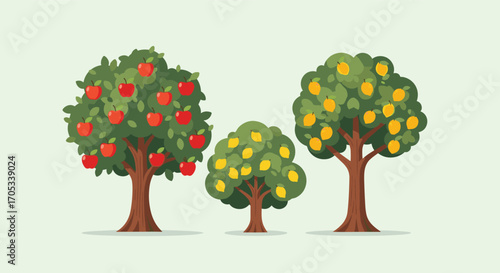 Three different fruit trees bearing apples lemons and oranges in a row on a light green background.