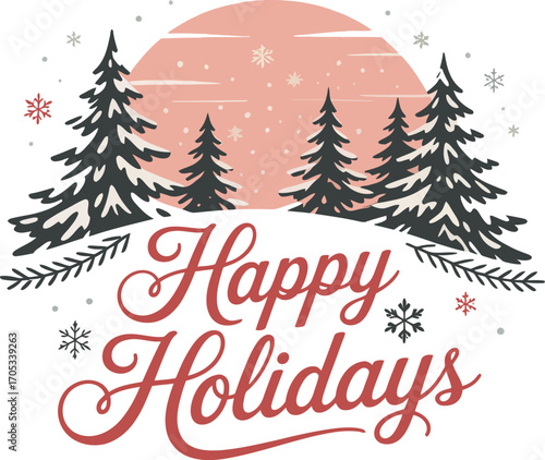 Happy holidays greeting with snowy pine trees and a large moon