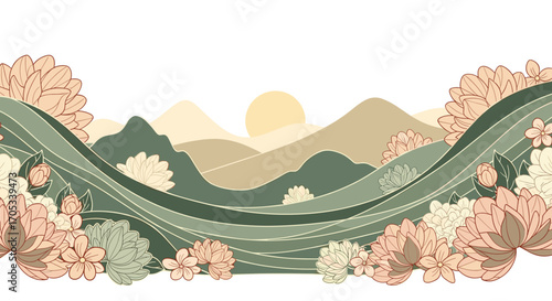 A scenic road winds through rolling hills and blooming trees under a gentle sun.