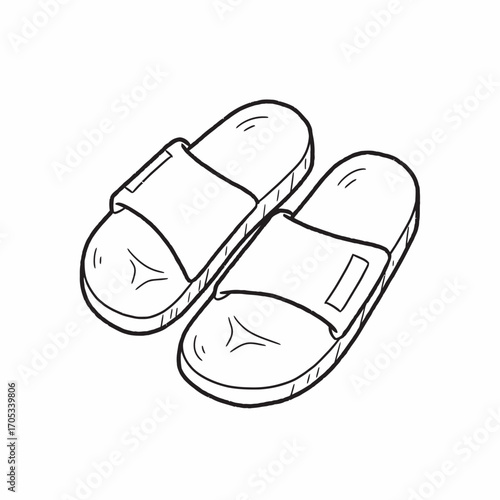 A pair of simple, outlined slide sandals or slippers, depicted in a minimalist, graphic style.