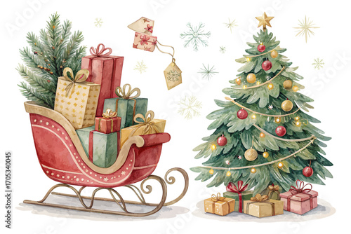 Watercolor Sleigh with Presents and Christmas Tree vector illustration isolated on white background