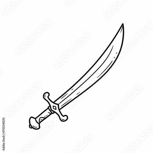 A hand-drawn illustration of a curved scimitar, a historical single-edged sword.
