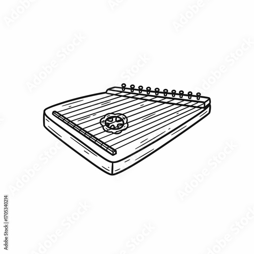 A monochrome illustration of a zither, a stringed musical instrument, depicted in detail.