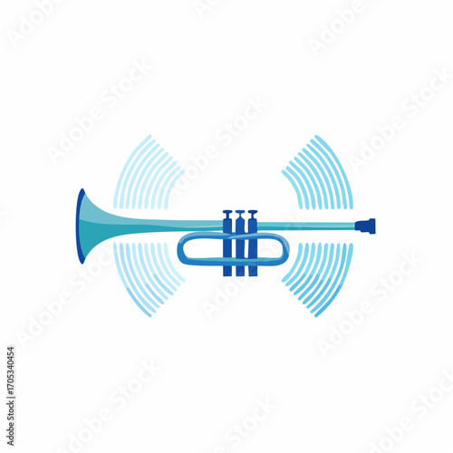 Vibrant Blue Trumpet with Sound Waves.