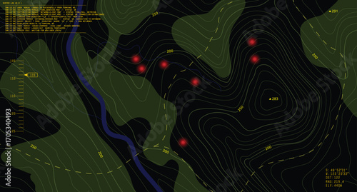 Military-style topographic map with contour lines, elevation data, and coordinates. Red military targets on map. Strategy visuals, navigation design, and tactical interfaces. Battlefield top view.