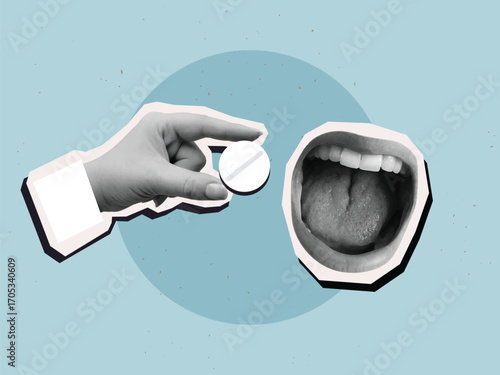 A hand extends a white pill into an open mouth. Modern collage style. Vector illustration