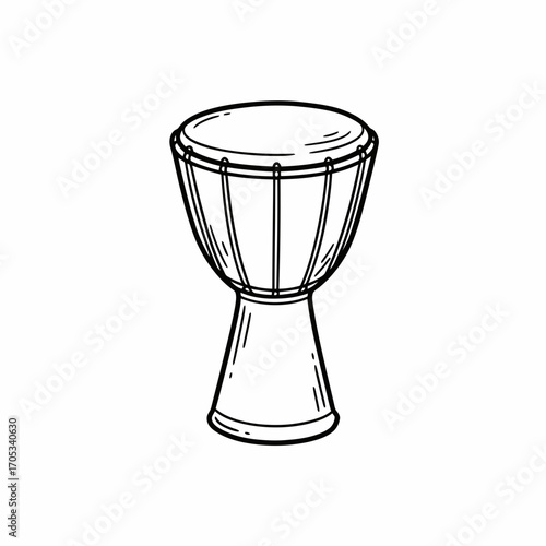 Black and white line drawing of a djembe drum, a goblet-shaped percussion instrument.