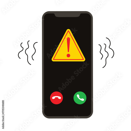 Ringing phone with warning icon with exclamation mark on screen. Concept of fraudulent phone calls. Flat Vector illustration isolated on white background