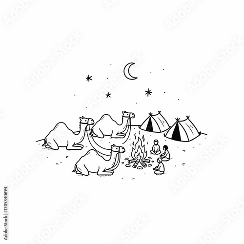 Simple black and white drawing of camels resting near a campfire with tents in a desert landscape at night.