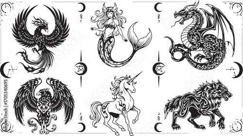 Black and White Stylized Mythical Creatures Collection with Fantasy Symbols and Ornaments