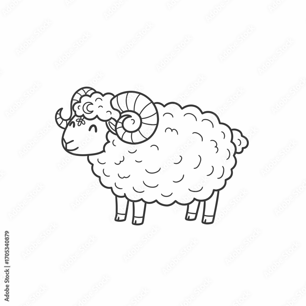 Obraz premium Cartoon illustration of a fluffy ram with large, curled horns, standing with a happy expression.