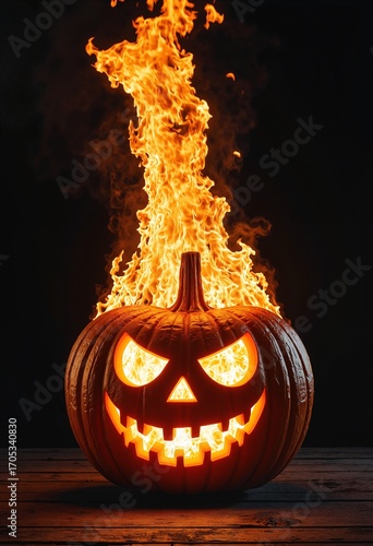 Minimalist abstract Jack O Lantern engulfed in flames and isolated on black background