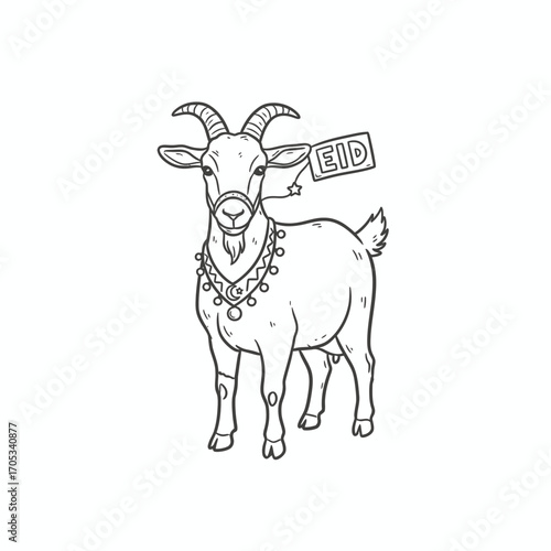 Outlined illustration of a goat adorned with ornaments and a tag reading "Eid".