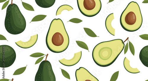 A vibrant pattern of fresh avocados and green leaves scattered across a white background.1