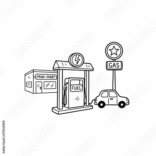 A simple line drawing depicts an electric car refueling at a gas station with an attached mini-mart.