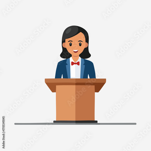 Woman Speaker at Podium Smiling Confidently.