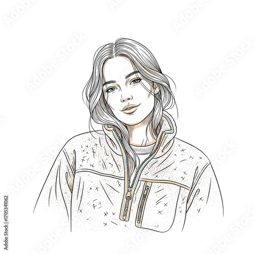 Woman in zip-up fleece jacket illustrated in sketch style