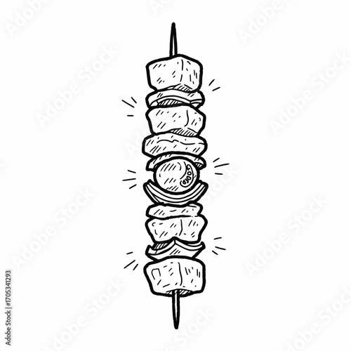 A hand-drawn illustration of a shish kebab skewer, featuring meat cubes, onion slices, and an olive.