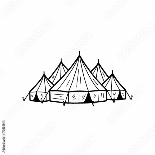 Line drawing of several bell tents, clustered together, simple and clean.