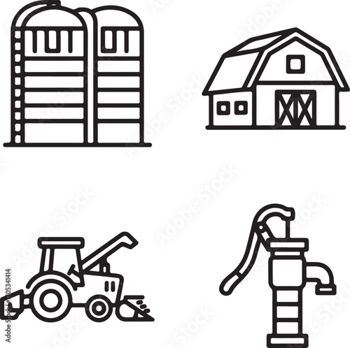 Essential Farm and Agriculture Line Icons Collection: Silos, Barn, Tractor, and Water Pump