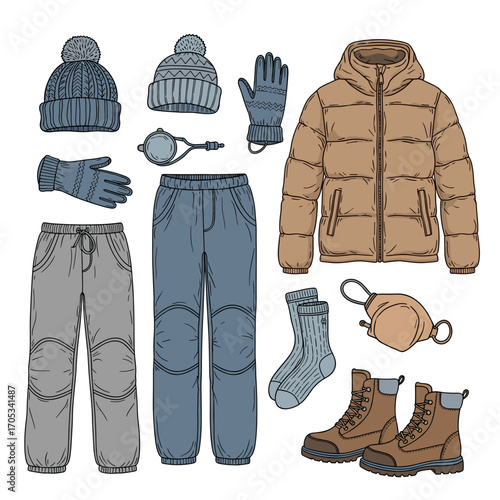 Winter outfit and accessories set with jacket, pants, and boots
