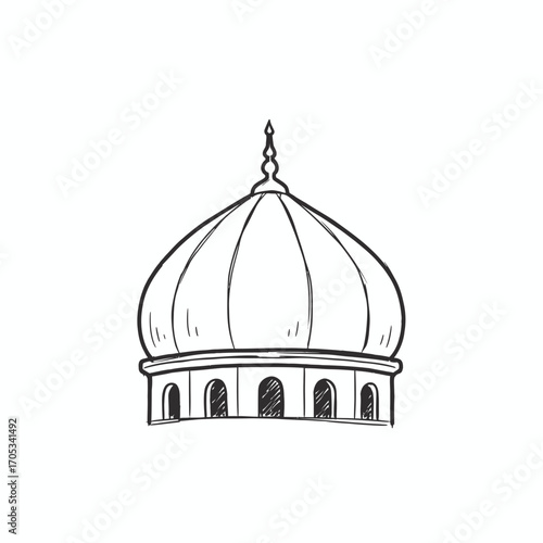 Hand-drawn illustration of a mosque dome, showcasing architectural details and design.