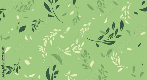 A gentle pattern of light and dark green leaves and falling particles on a soft green background.